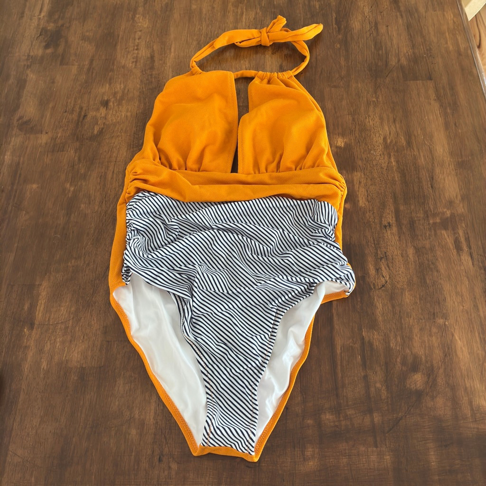 CUPSHE Mustard Yellow Halter One-Piece Swimsuit Ruched Striped Panel NWT Size L
